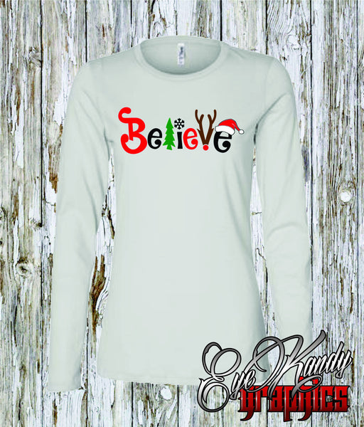 "Believe" with christmas tree, snowflake, reindeer, and santa hat - Women's Shirt - Great for gifts