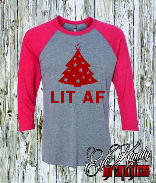 LIT AF Graphic Tees for Women & Men - Unisex Raglan - Lit Christmas Tree - Christmas Gifts